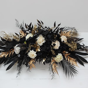 Ivory black gold arch arrangement Halloween wedding Boho wedding flowers Faux flowers wedding arrangement Arbor flowers