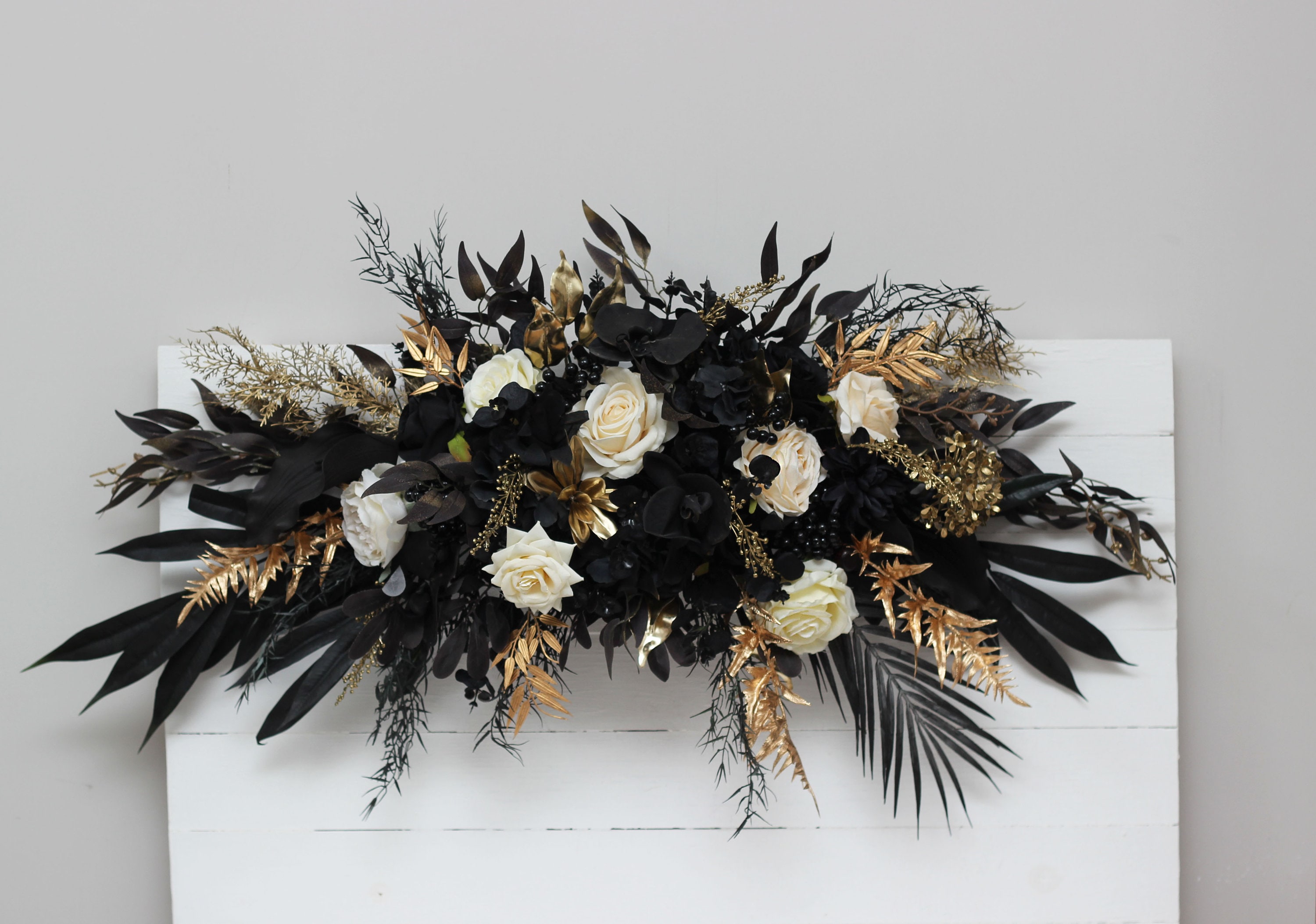 Ivory black gold arch arrangement Halloween wedding Boho wedding flowers Faux flowers wedding arrangement Arbor flowers