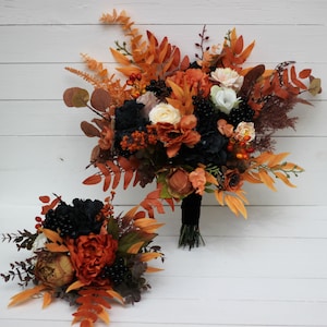 Orange black flowers Fall bridal bouquet Faux bouquet Fall wedding Halloween wedding Faux blooms Boho wedding-size 17 inch