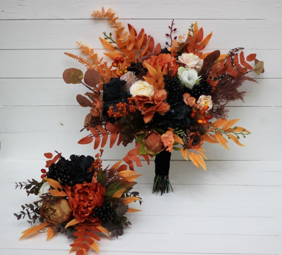 Orange black flowers Fall bridal bouquet Faux bouquet Fall wedding