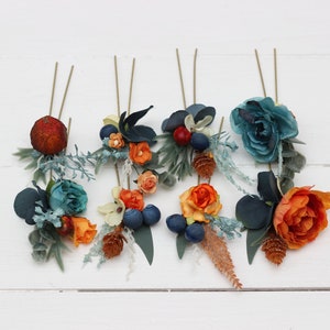 Set of 8 hair pins Dark teal rust flowers Navy blue orange accessories Floral hair pins Headpiece