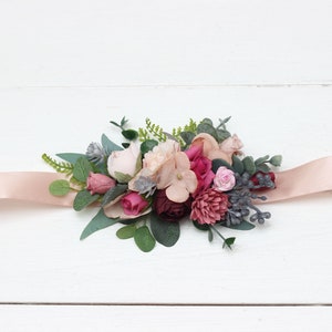 Dusty rose burgundy blue belt Floral sash Dusty rose wedding Flower sash Bridal accessory Flower girl belt Boho wedding immagine 10