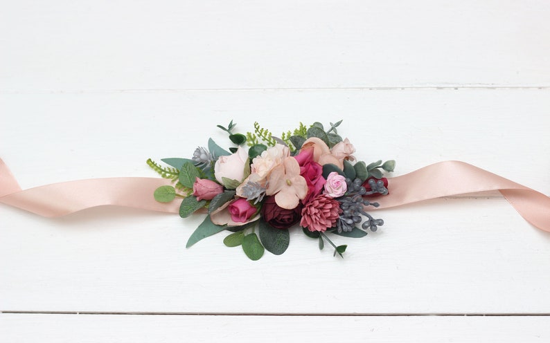 Dusty rose burgundy blue belt Floral sash Dusty rose wedding Flower sash Bridal accessory Flower girl belt Boho wedding immagine 10