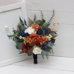 Small bridal bouquet Bridesmaid bouquet Burnt orange ivory navy blue Bridal bouquet  Fall wedding  Faux blooms Boho wedding-size 11 inch