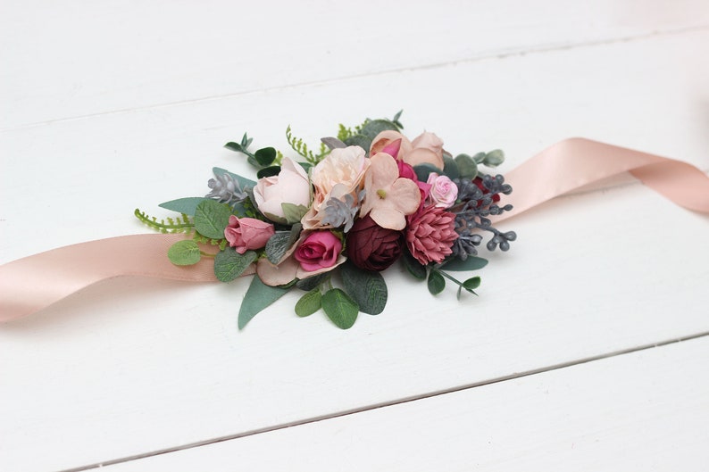 Dusty rose burgundy blue belt Floral sash Dusty rose wedding Flower sash Bridal accessory Flower girl belt Boho wedding immagine 9