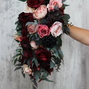Burgundy black pink cascading bouquet Bridal bouquet  Faux bouquet Wedding flowers Boho wedding bouquet