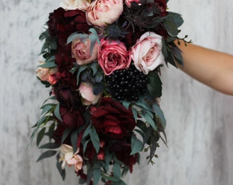 Burgundy black pink cascading bouquet Bridal bouquet  Faux bouquet Wedding flowers Boho wedding bouquet