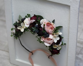 SALE! Blush pink deep purple flower crown Bridal floral garland Headpiece Bridal accessory Wedding hair wreath Maternity crown