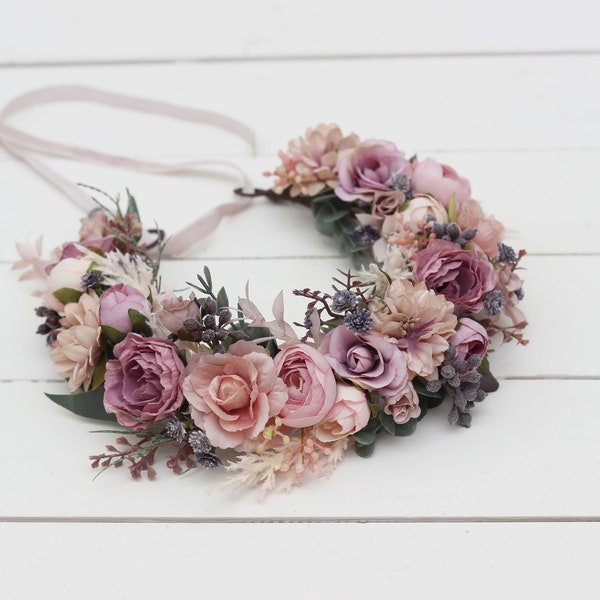 Mauve blush pink flower crown Flower girl crown  Bridal headpiece Floral headband Wedding hair wreath Bridesmaid crown Maternity