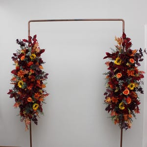 ONE sunflowers floral arch arrangement Burgundy orange purple flowers Fall archway Wedding flower decor Pergola flowers Fireplace flowers