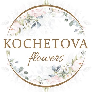May include: A logo for a flower shop called "KOCHETOVA flowers" with a circular frame of watercolor flowers and greenery.