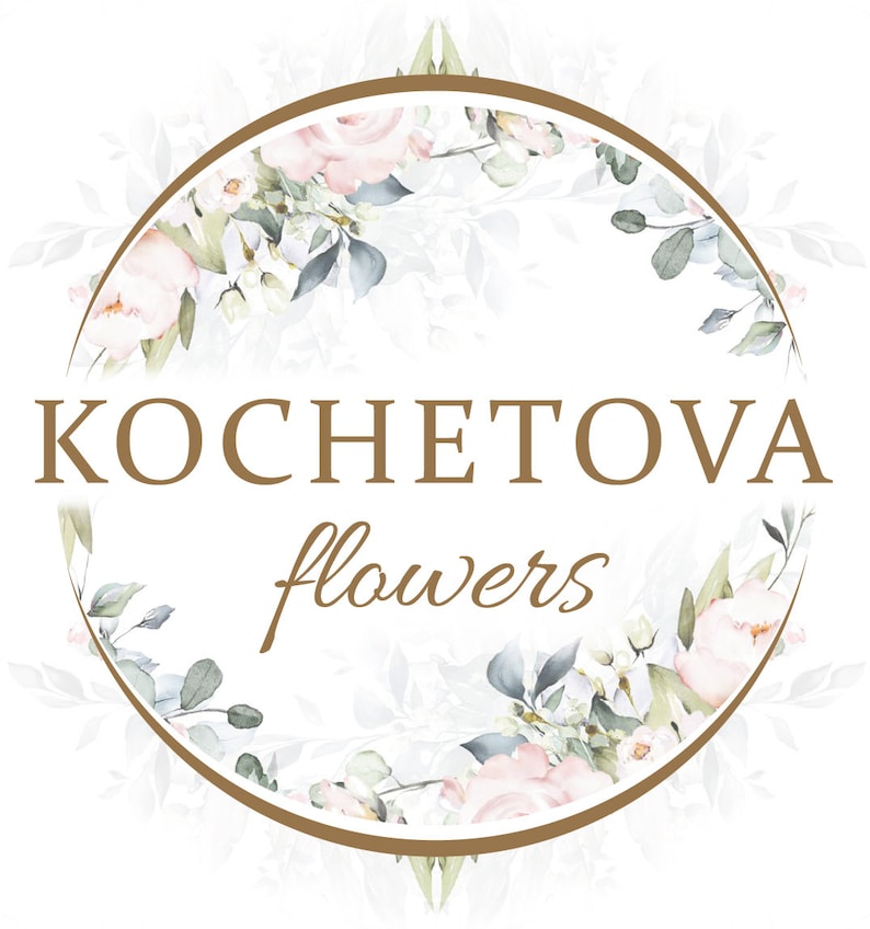 May include: A logo for a flower shop called "KOCHETOVA flowers" with a circular frame of watercolor flowers and greenery.