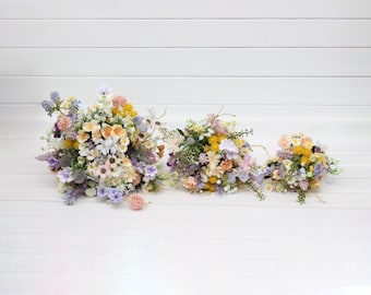 Wildflowers bouquet Spring summer wedding  flowers Blue lilac peach yellow pink bouquet Colorful daisy posy bouquet