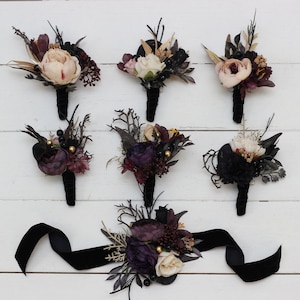 Halloween wedding Deep purple Black gold beige wrist corsage Boutonniere Flower bracelet Floral accessories Boho wedding Fall wedding