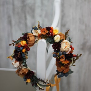 Burnt orange dusty blue floral crown Rust floral wreath Wedding headpiece Fall wedding Bridal hairpiece Bridesmaid crown Maternity crown