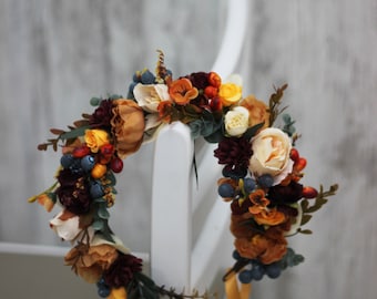Burnt orange dusty blue floral crown Rust floral wreath Wedding headpiece Fall wedding Bridal hairpiece Bridesmaid crown Maternity crown