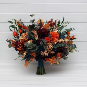 Teal rust gold plum mustard bouquet Navy blue orange flowers Bridal bouquet  Fall wedding  Faux blooms Boho wedding Halloween wedding