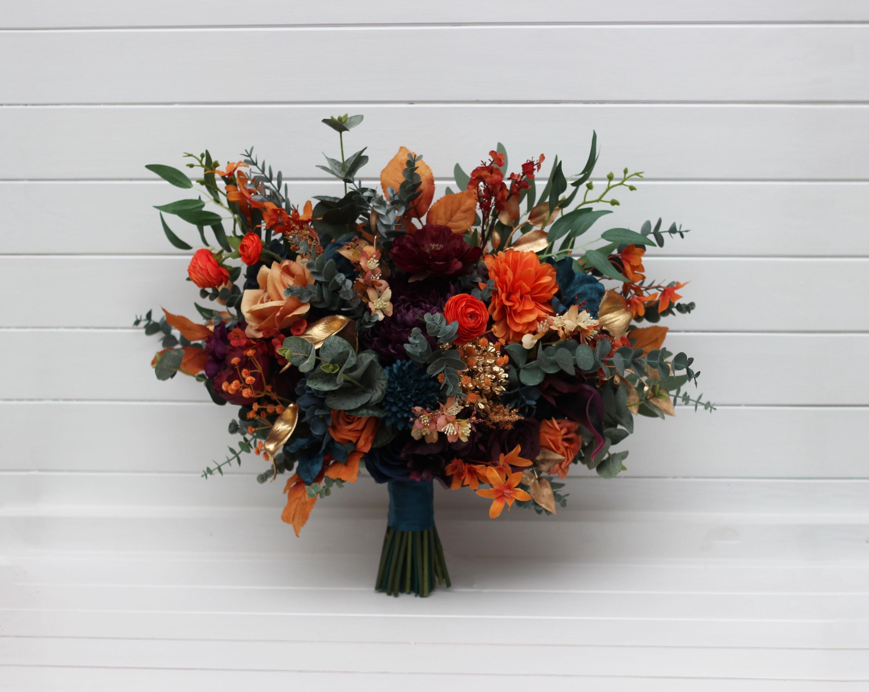 Teal rust gold plum mustard bouquet Navy blue orange flowers Bridal bouquet  Fall wedding  Faux blooms Boho wedding Halloween wedding