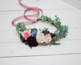 SALE! Burgundy blush pink flower crown Eucalyptus floral crown  Dusty blue hair wreath  Floral headband  Bridal Bridesmaid Maternity crown