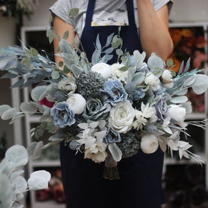 Dusty blue bridal bouquet -  Peonies blue thistle anemone bouquet Bridesmaid flowers Pale blue winter wedding flowers