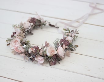 Blush flower crown Sage green taupe wedding Bridal floral headband Wedding hair wreath Hair flowers Bridesmaid crown Maternity