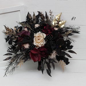 Deep purple black gold beige flowers Fall bridal bouquet Faux bouquet Fall wedding Halloween wedding Silk flowers Boho wedding-size 17 inch Bridesmaid bouquet#1