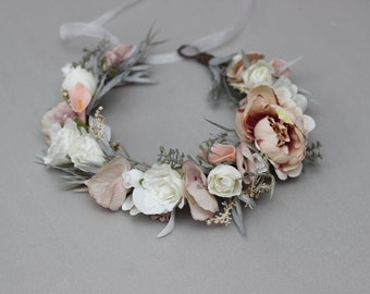 Beige white gray  boho wedding Bridal floral headband Wedding hair wreath Hair flowers Bridesmaid crown Maternity