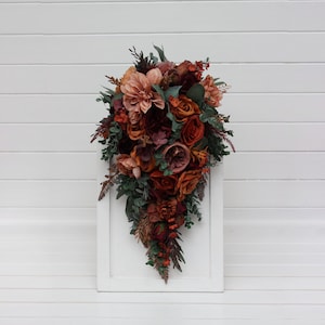 Burgundy dusty rose terracotta rust wedding Cascading bouquet Drop bouquet Fall faux bouquet Bridal bouquet Boho wedding Bridesmaid bouquet