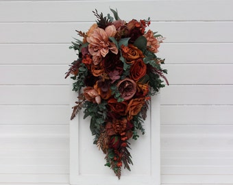 Burgundy dusty rose terracotta rust wedding Cascading bouquet Drop bouquet Fall faux bouquet Bridal bouquet Boho wedding Bridesmaid bouquet