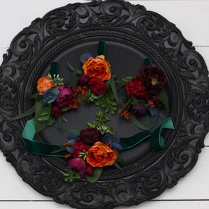 Emerald green orange purple flower accessories Boutonniere Flower crown Wrist corsage Groom Wedding accessories Boho wedding