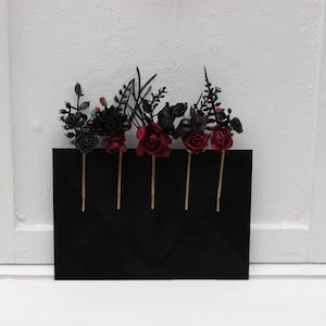 Set of 5 bobby pins Burgundy black flowers Fall wedding Bridal flowers Flower hair pins Halloween wedding Hairpiece Bridesmaid