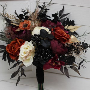 Purple black rust gold  flowers Fall bridal bouquet Faux bouquet Fall wedding Halloween wedding Faux blooms Boho wedding-size 12 inch