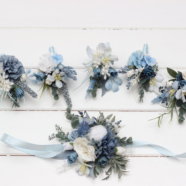 Dusty blue white boutonniere  Dusty blue wedding accessories Men's boutonniere Groom Groomsmen buttonhole Wedding flowers  Corsage