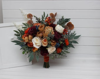 Rust burgundy flowers Bridal bouquet Faux bouquet Fall wedding Orange burgundy wedding Faux blooms Boho wedding-size 17 inch