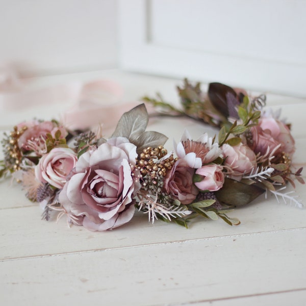 Dusty rose blush pink flower crown Vintage style gold wedding Floral headpiece Boho bridal hair flowers