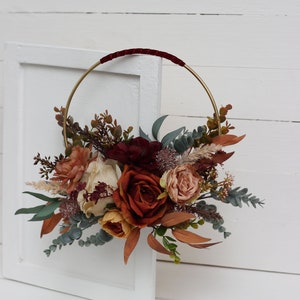 Burgundy burnt orange rust peach floral hoop Alternative bridesmaid bouquet Boho wedding Floral backdrop Fall wedding- diameter 10"