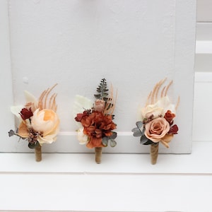 Terracotta brown cream flowers Boutonniere Wrist corsage Buttonhole Wedding flowers Groom Groomsmen