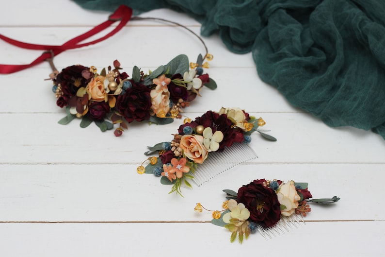 Burgundy navy gold flower Deep red Eucalyptus floral headband Bridal hair wreath Wedding flower halo Maternity crown Bridesmaid crown