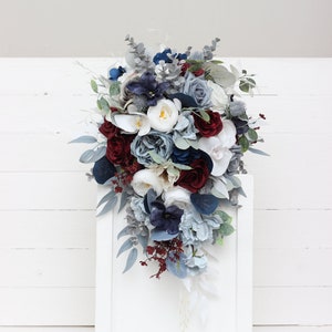 Cascading dusty blue navy blue burgundy bouquet  Bridal bouquet Wedding flowers