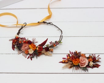 Peach burgundy rust flower crown Floral headpiece Flower girl crown Fall wedding flowers Wedding hair accessories