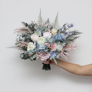 Dusty blue blush pink bridal bouquet -  Peonies pink thistle bouquet Bridal flowers Pink wedding flowers - size 20 * 18 inch