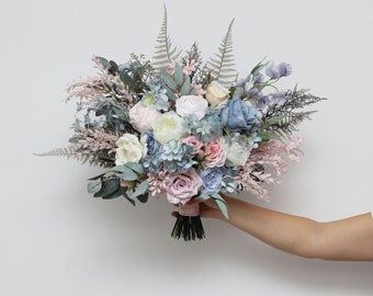 Dusty blue blush pink bridal bouquet -  Peonies pink thistle bouquet Bridal flowers Pink wedding flowers - size 20 * 18 inch