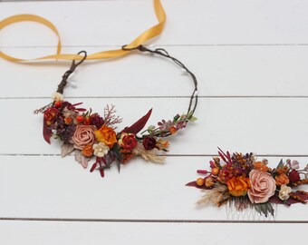 Peach burgundy rust floral comb Floral headpiece Bridal flower clip Fall wedding flowers Hair comb wedding hair accessories