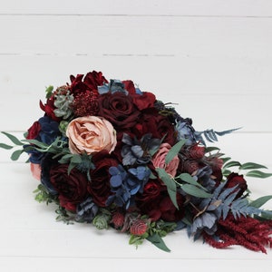 Cascading bouquet Burgundy navy blue rose gold flowers Bridal bouquet Faux bouquet Blue thistle Wedding silk flowers Boho wedding