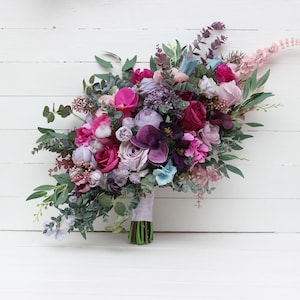 Boho bouquet Jewel-tone wedding Emerald green Lavender pink magenta flowers Bridal bouquet Faux bouquet Wedding flowers Fuchsia bouquet
