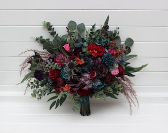 Jewel tone wedding Purple red magenta bouquet  Burgundy teal rust flowers Bridal bouquet Faux bouquet Boho wedding Pampas grass Bridesmaid