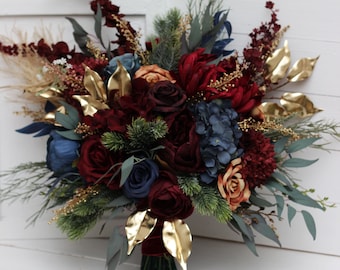 Winter bouquet Burgundy navy blue gold bouquet Faux cones bouquet Classic wedding Burgundy silk flowers Boho wedding Pampas grass