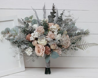 Boho bouquet  Beige white gray flowers Bridal bouquet Faux bouquet Fall wedding  Silk flowers Boho wedding-size 16 inch