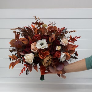 Rust burgundy flowers Bridal bouquet Faux bouquet Fall wedding Orange burgundy wedding Faux blooms Boho wedding-size 15 inch