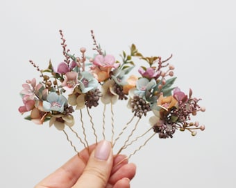 Pastel flower hair pins Dusty rose wedding Flower girl headpiece Floral hairpiece Wedding flowers    Bridesmaid hair